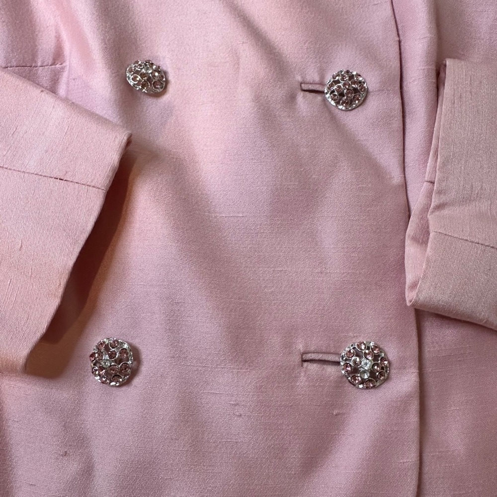 Vintage Rona Pink Skirt Suit Set Rhinestone Button Bow Dress Jacket 2pc - Picture 6 of 16